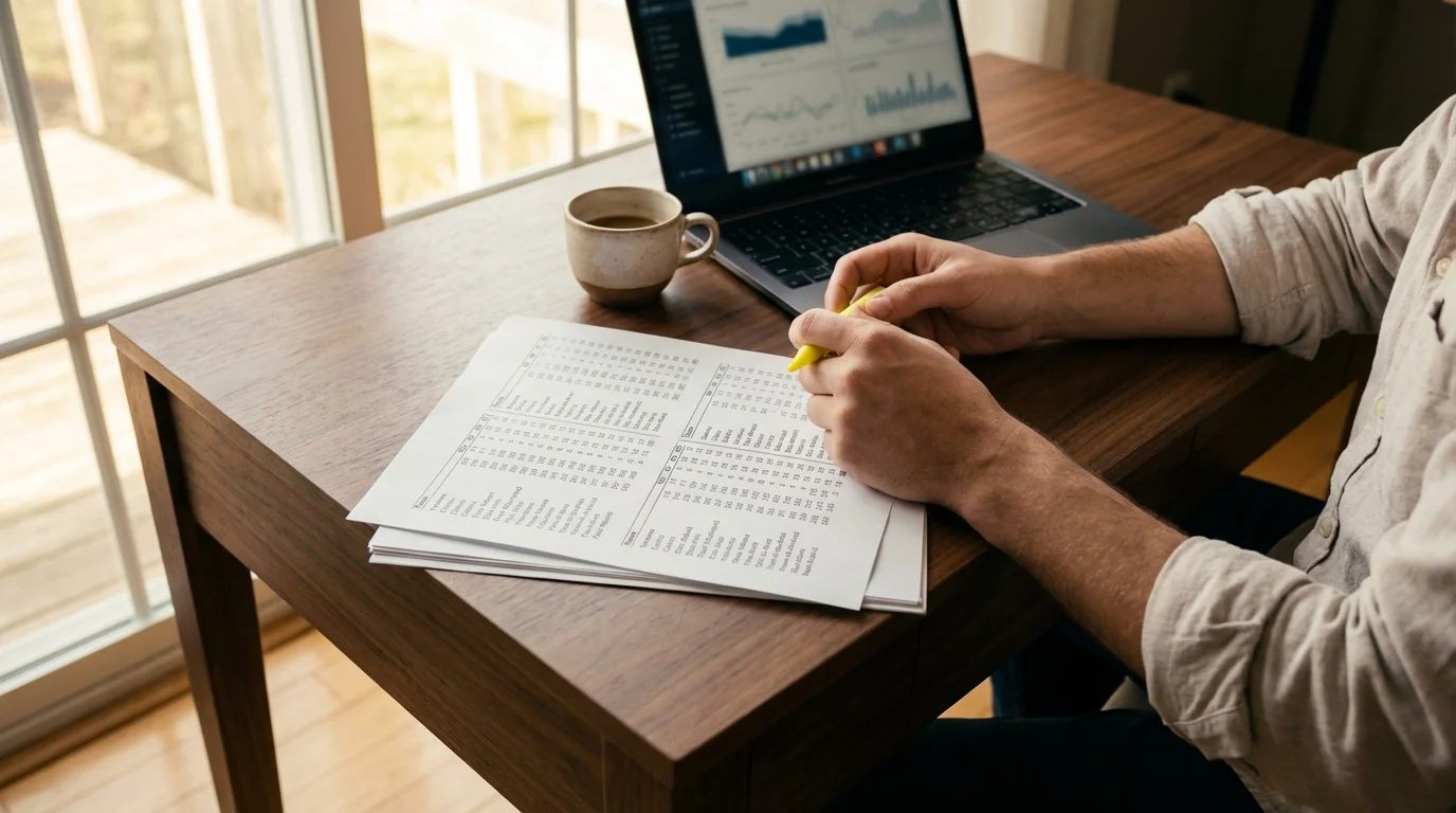 Persona analizando documentos con estadísticas deportivas sobre un escritorio con laptop