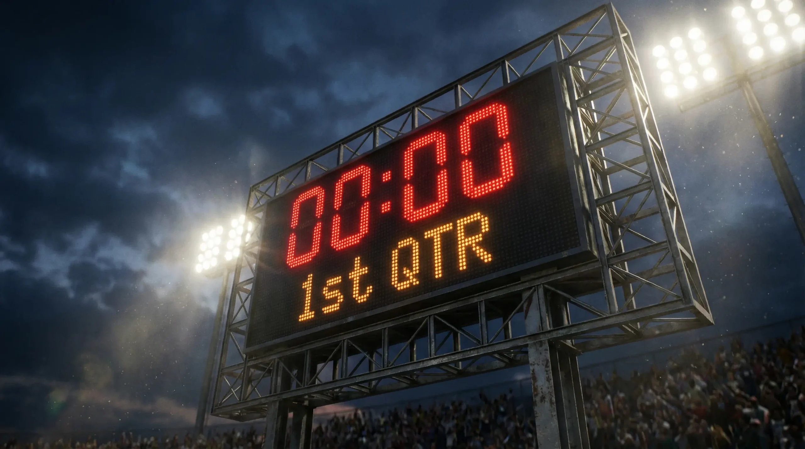 Reloj del estadio de fútbol americano mostrando el final de un cuarto de juego