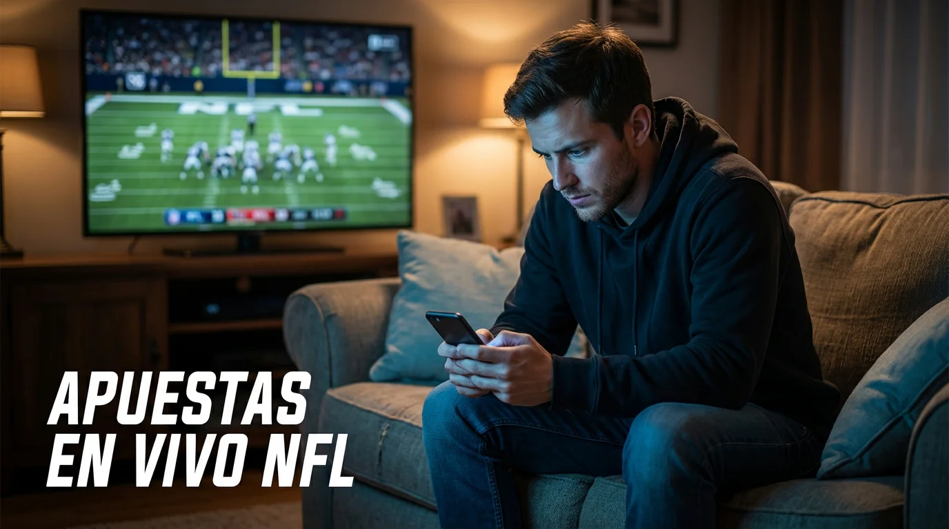 Aficionado viendo un partido de fútbol americano en vivo con smartphone en la mano