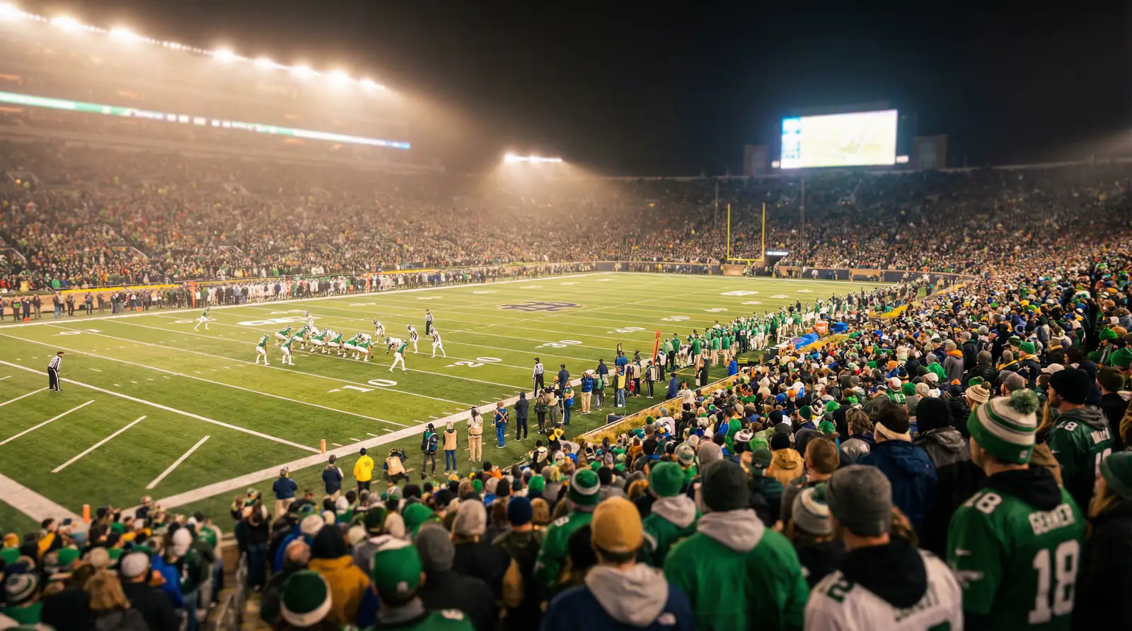 Pantalla de estadio NFL durante un partido en vivo con marcador electrónico
