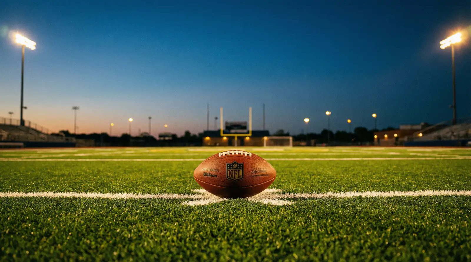 Guía de apuestas en fútbol americano NFL con campo de juego iluminado