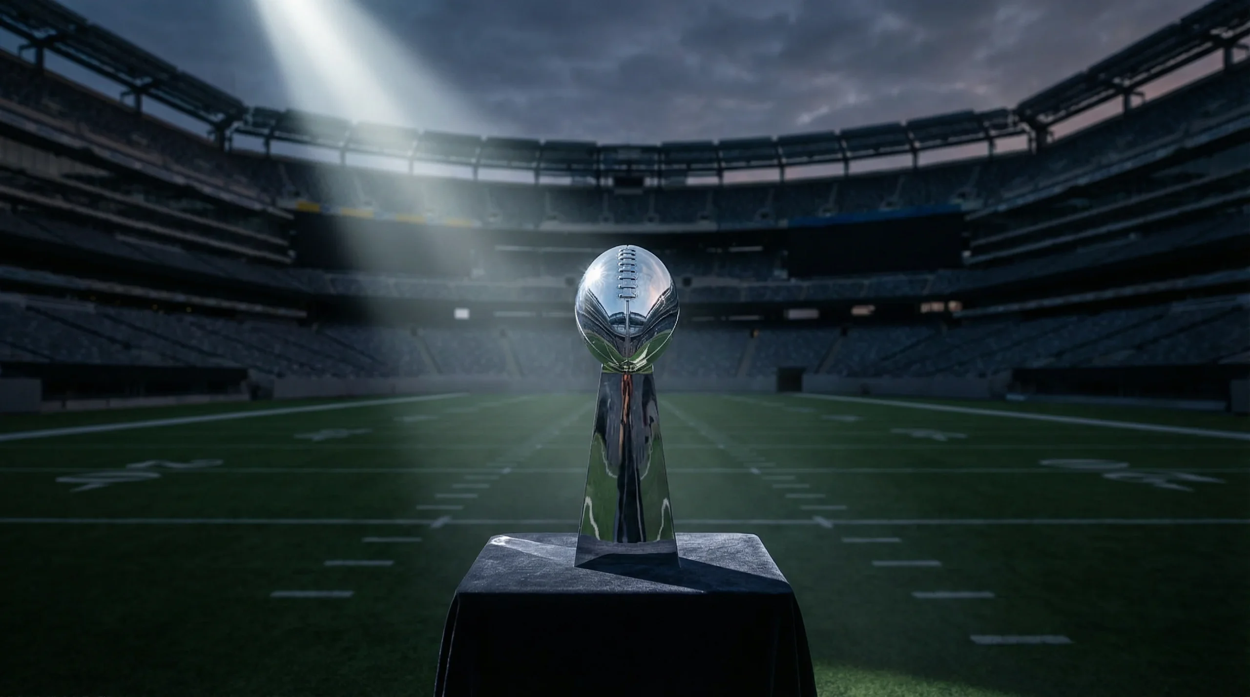Trofeo de fútbol americano iluminado sobre un pedestal en un estadio vacío