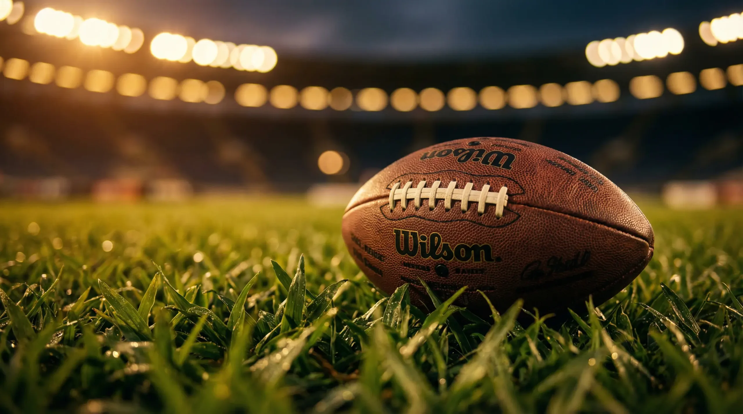 Primer plano de un balón de fútbol americano sobre el césped con luces del estadio de fondo