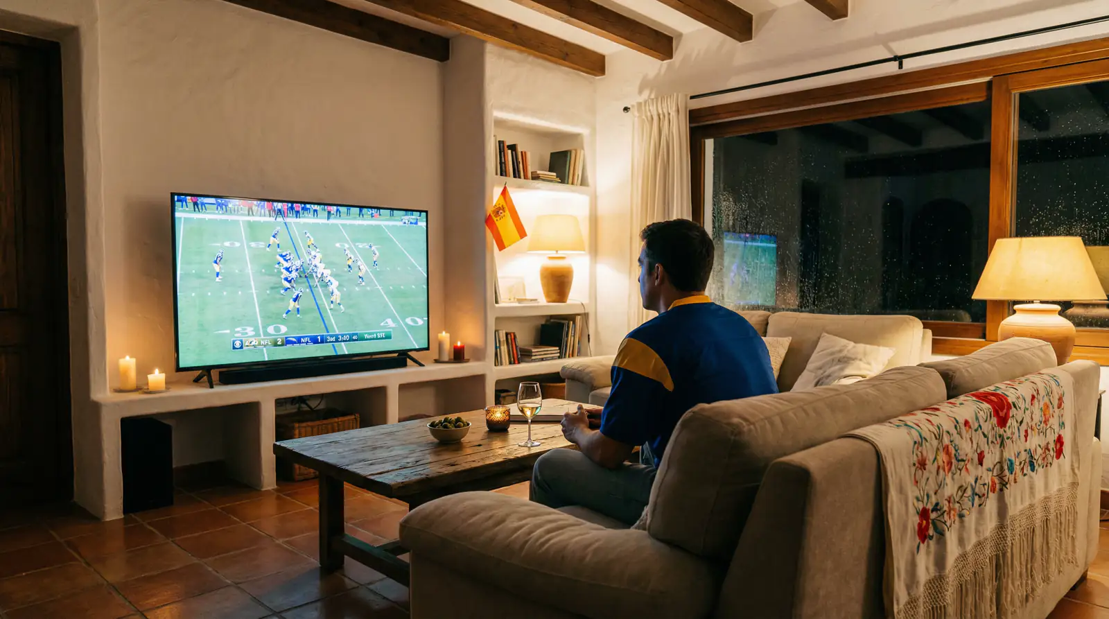 Aficionado en España viendo un partido de la NFL en televisión con camiseta de fútbol americano