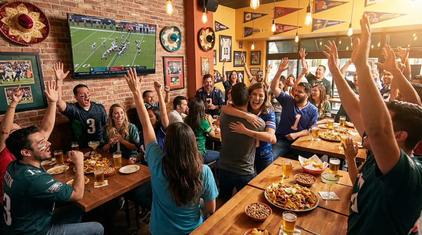 Grupo de aficionados mexicanos celebrando un touchdown viendo fútbol americano en un bar