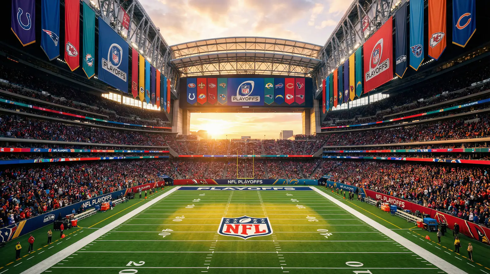 Estadio de fútbol americano decorado para los playoffs con banderines y campo iluminado