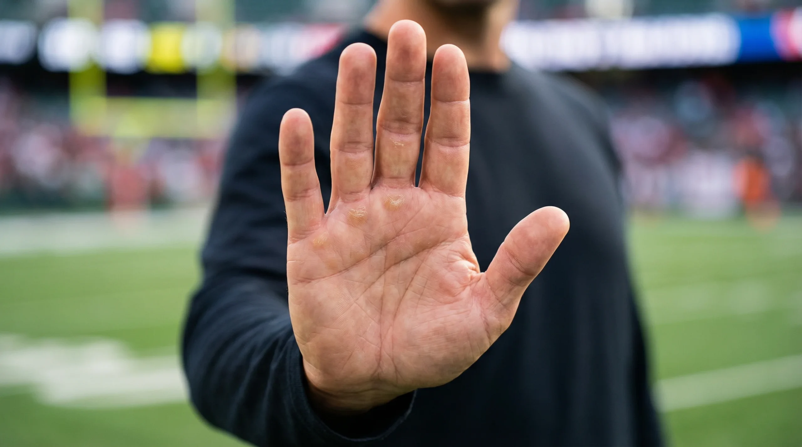 Mano levantada en señal de pausa con un símbolo de protección sobre un fondo deportivo