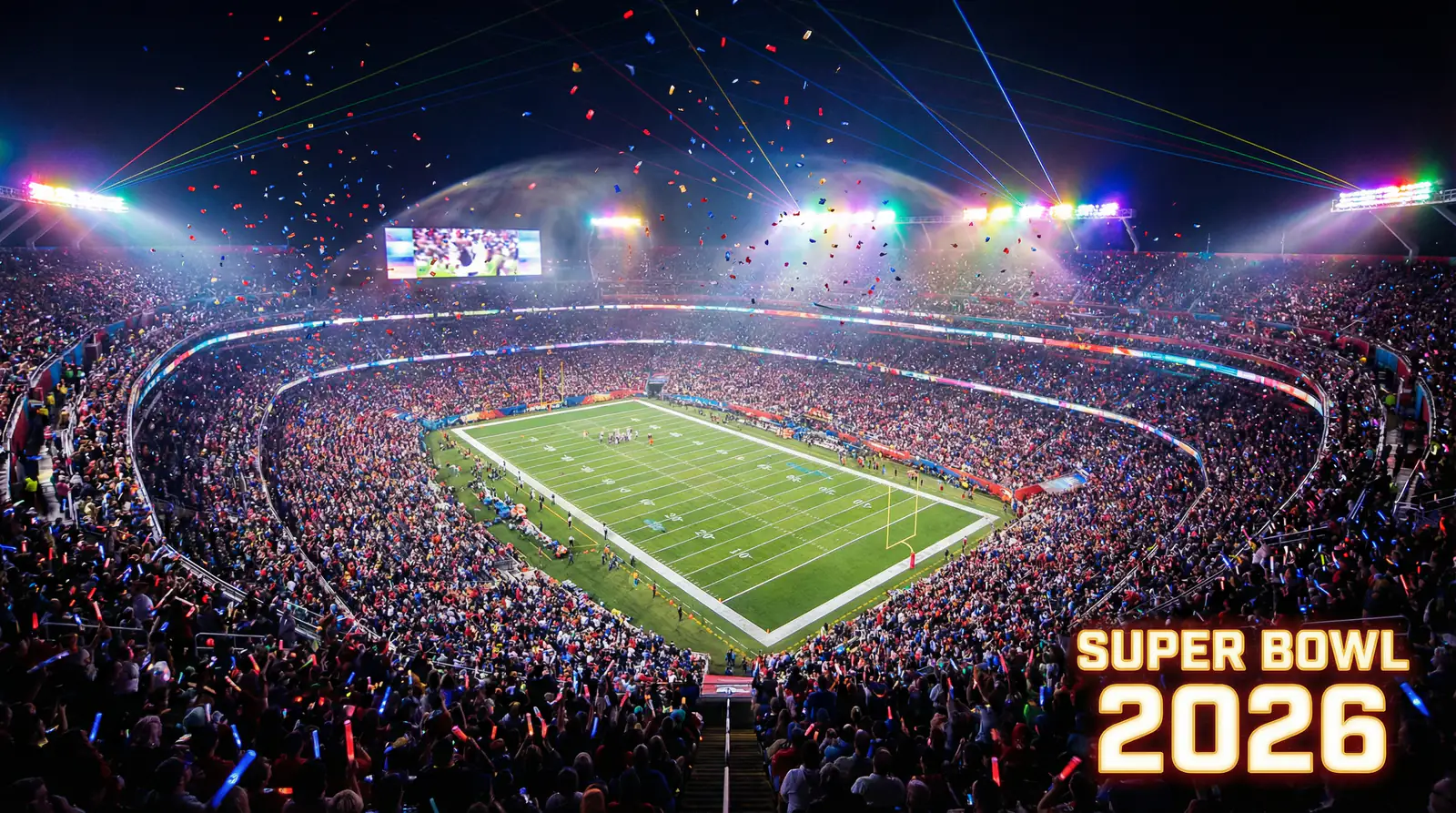 Estadio de fútbol americano iluminado durante la noche del Super Bowl