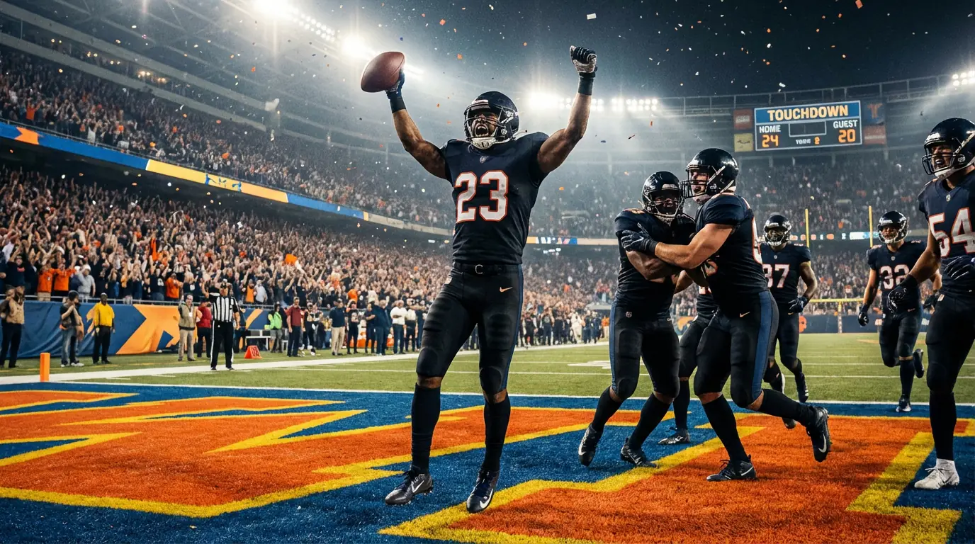 Jugador de fútbol americano celebrando un touchdown en la zona de anotación