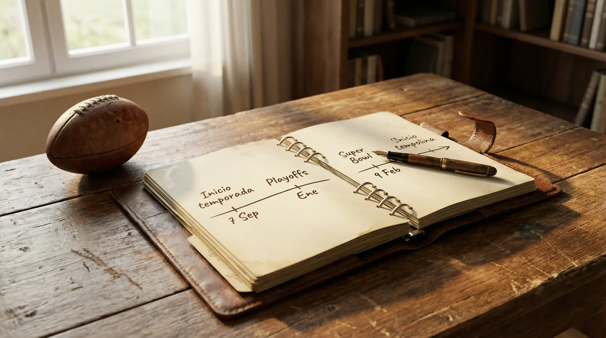 Libreta abierta con fechas clave de la temporada NFL marcadas junto a un balón de fútbol americano