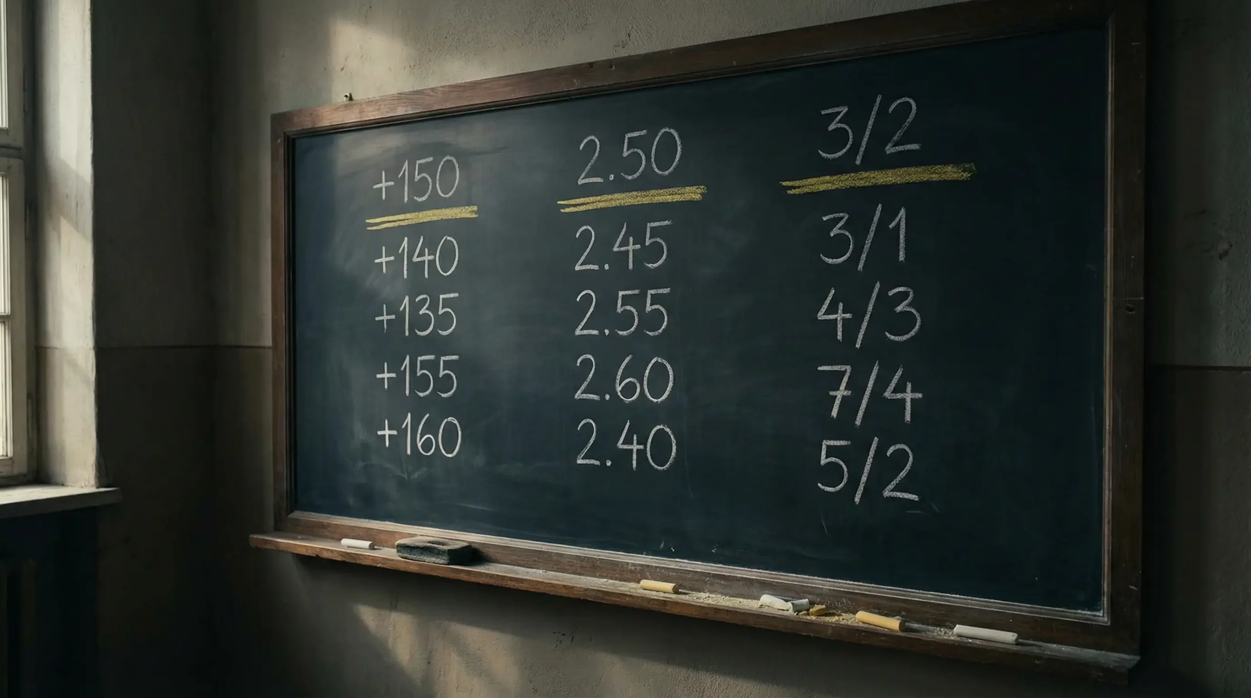 Tres columnas de números escritas en una pizarra representando diferentes formatos de cuotas