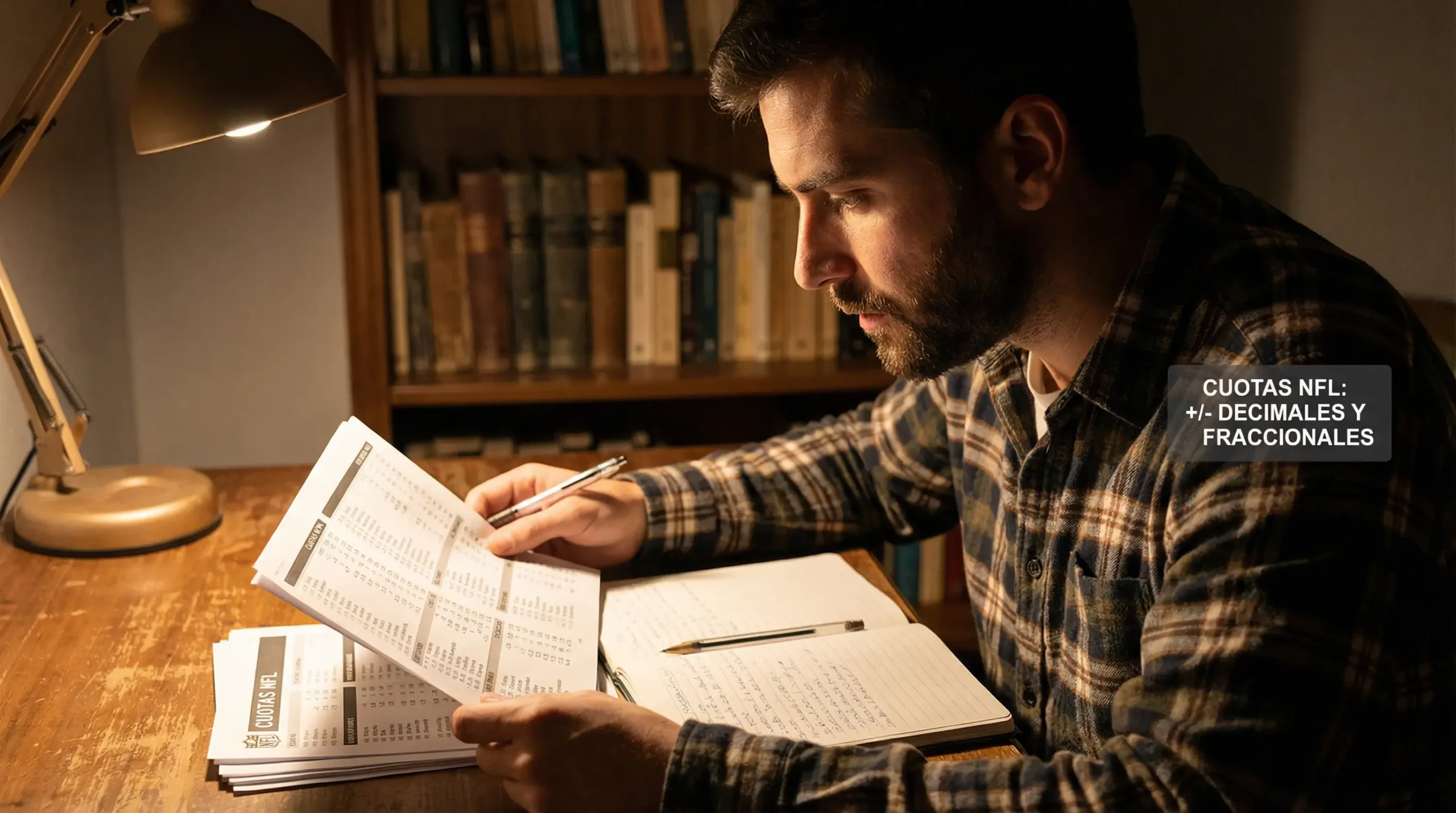 Persona analizando cuotas de apuestas NFL en formatos americano, decimal y fraccional