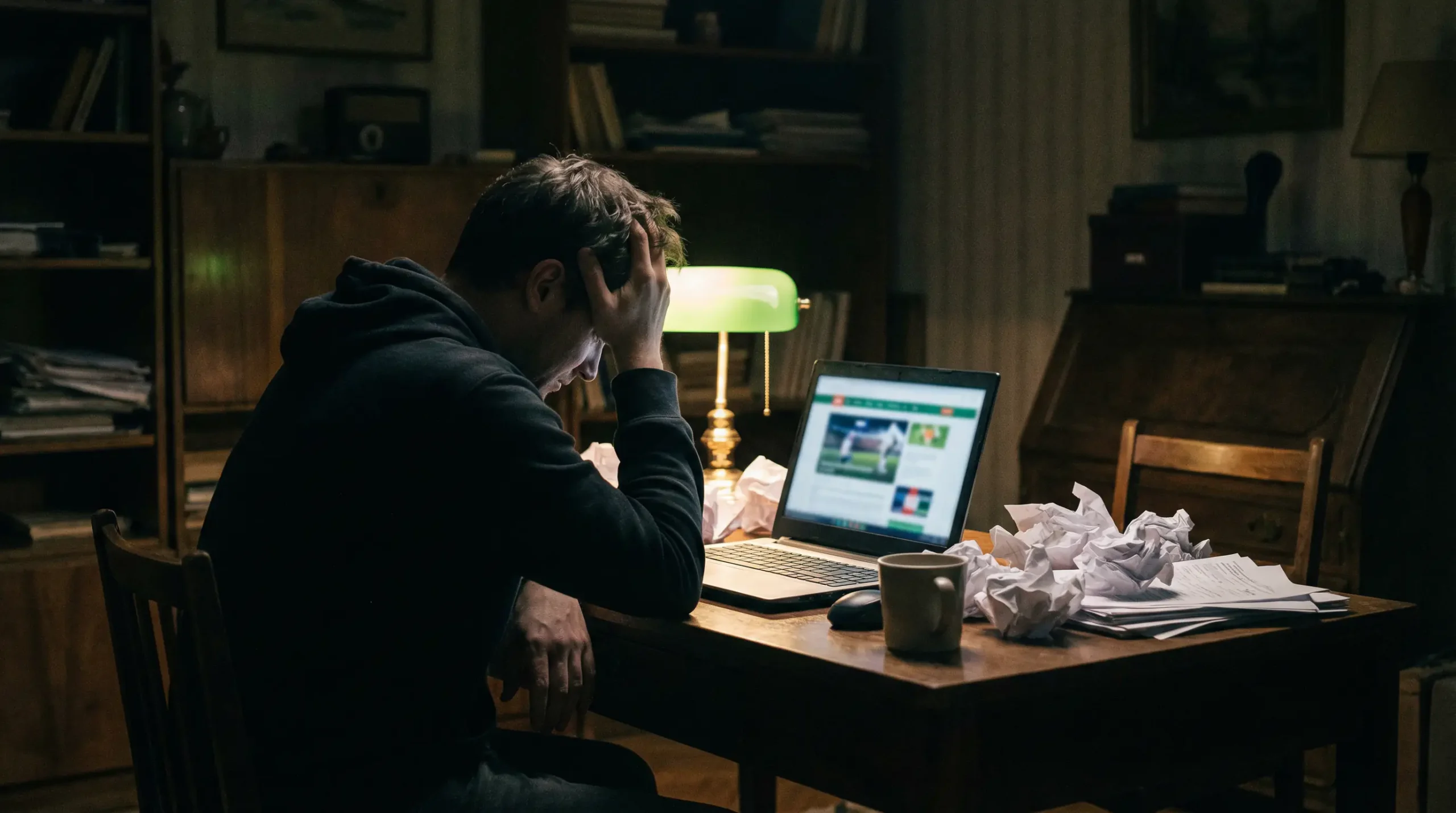 Persona con expresión de frustración frente a una pantalla con resultados deportivos negativos