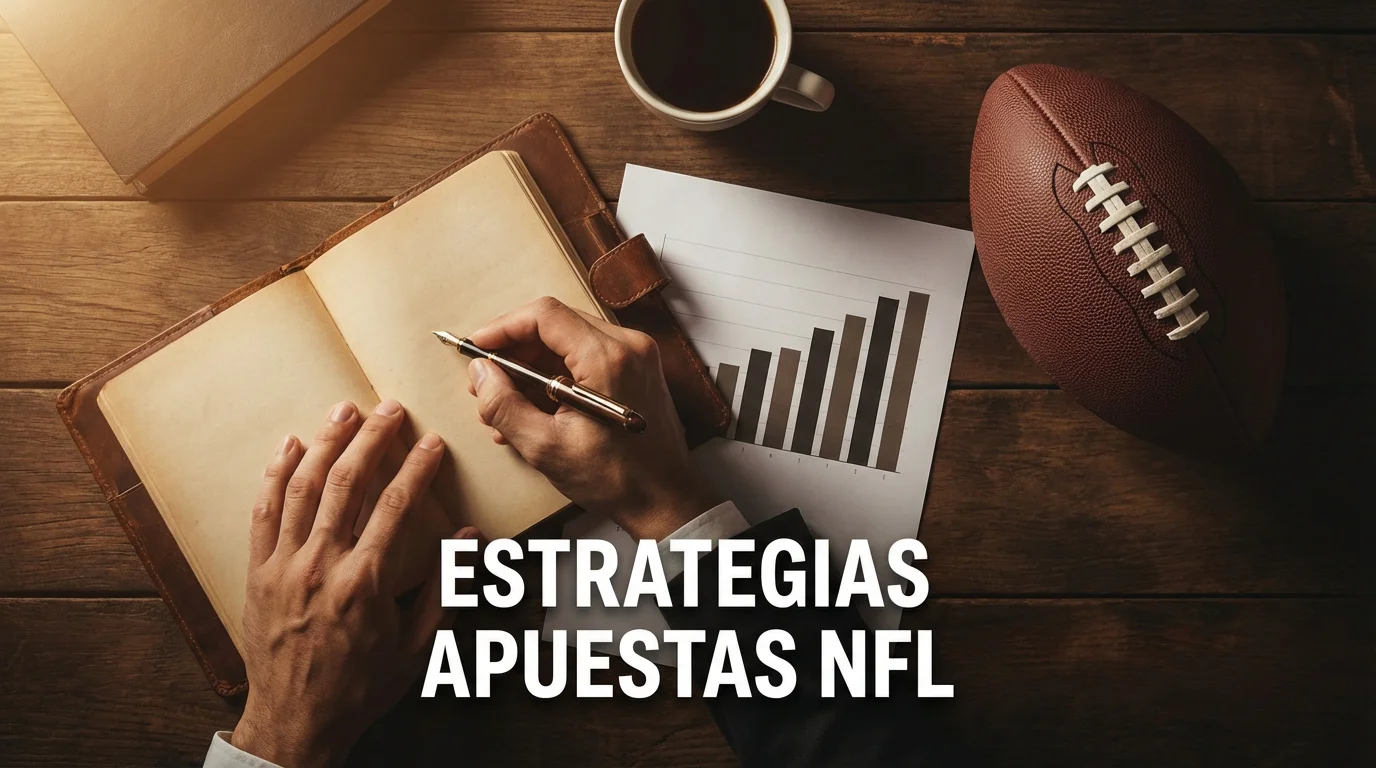 Persona analizando estadísticas de la NFL con libreta y bolígrafo sobre una mesa