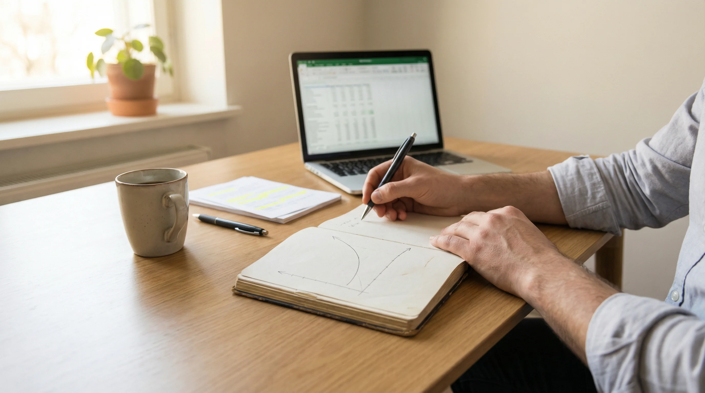 Persona analizando estrategias de apuestas NFL con notas y gráfico de bankroll