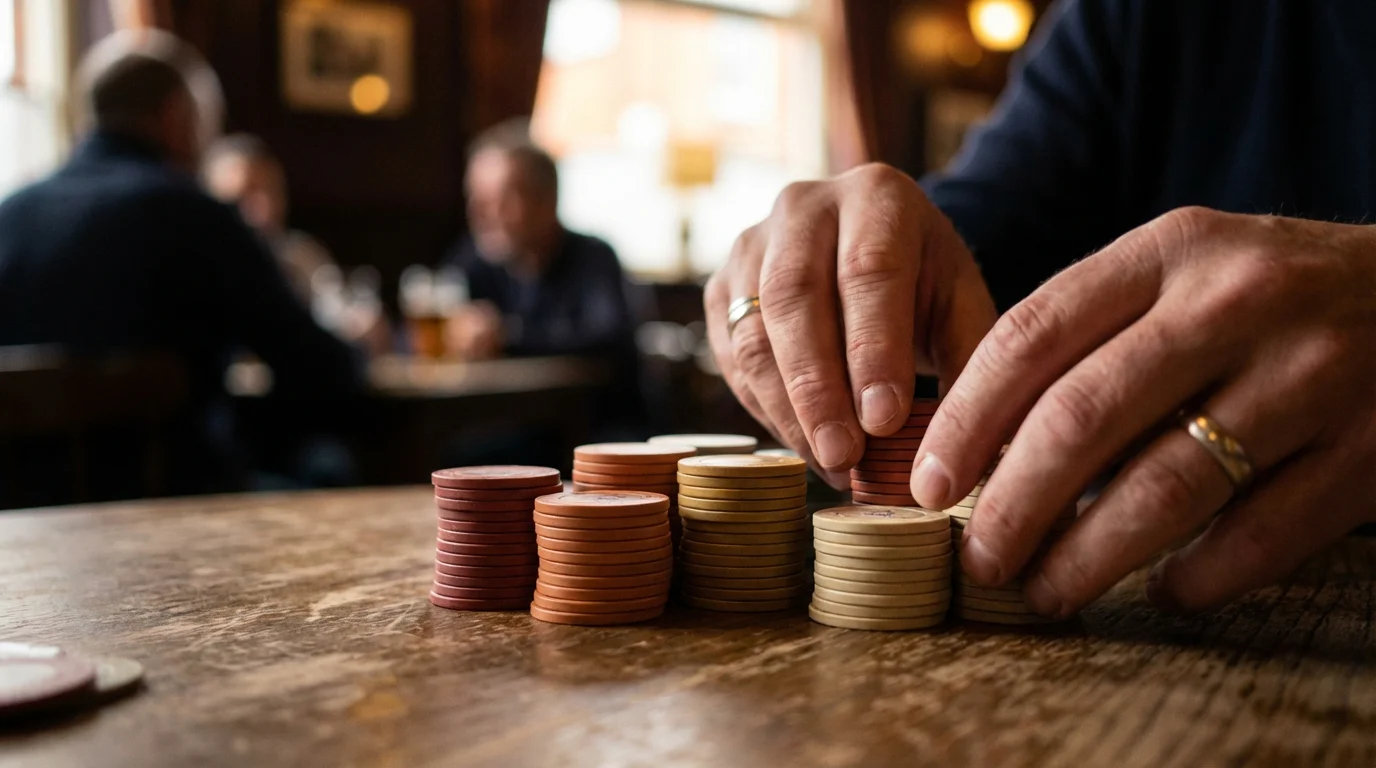 Persona organizando fichas en pilas ordenadas sobre un escritorio con libreta de anotaciones