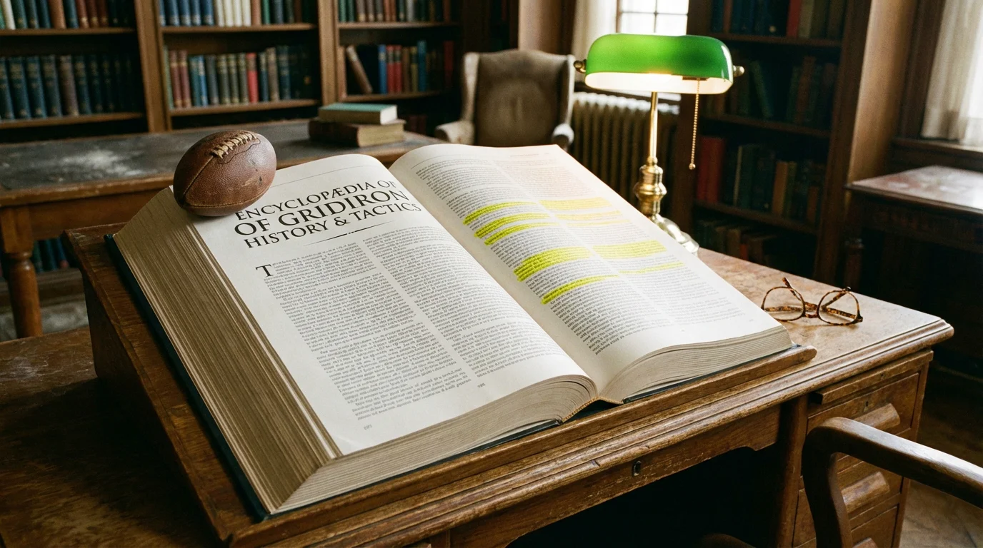 Libro abierto con términos de apuestas deportivas resaltados junto a un balón de fútbol americano