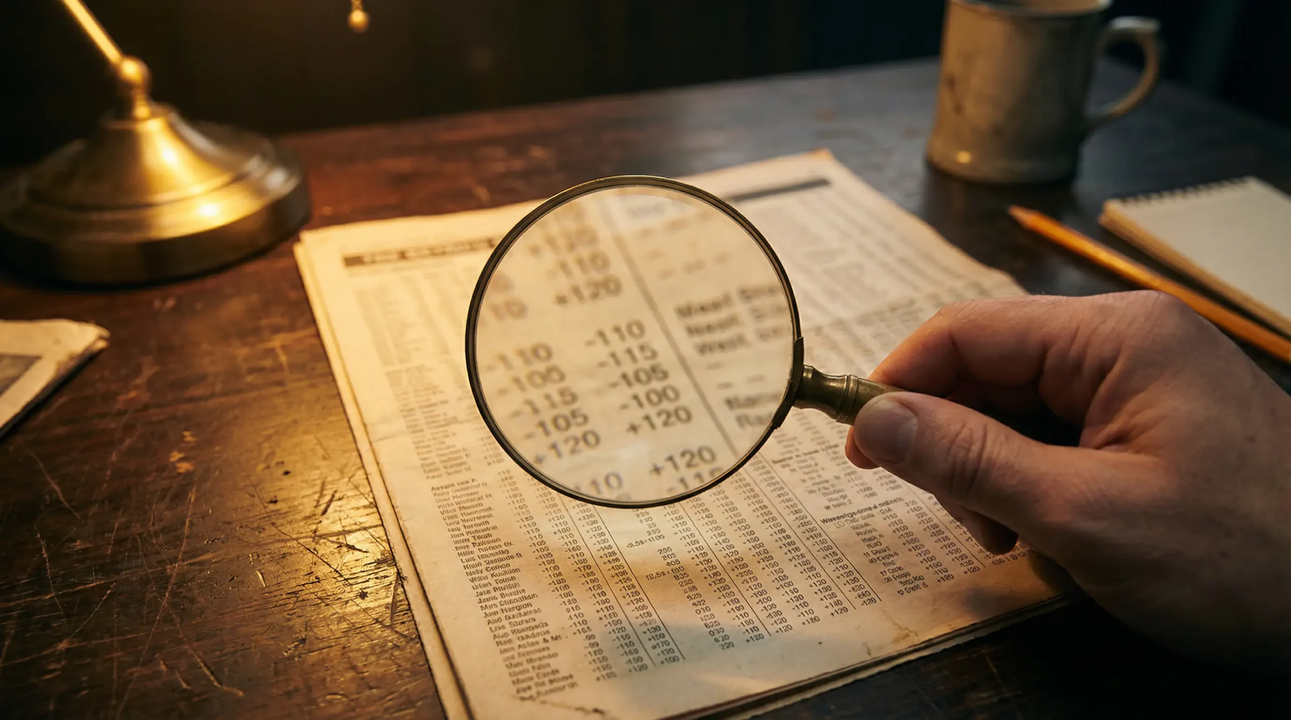 Lupa sobre un documento con números de cuotas revelando el margen oculto de la casa de apuestas