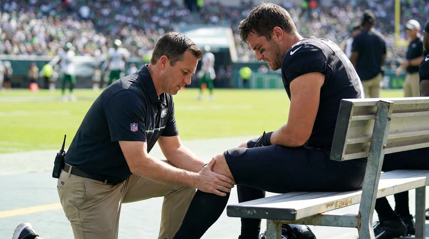 Equipo médico atendiendo a un jugador de fútbol americano en el banquillo del estadio