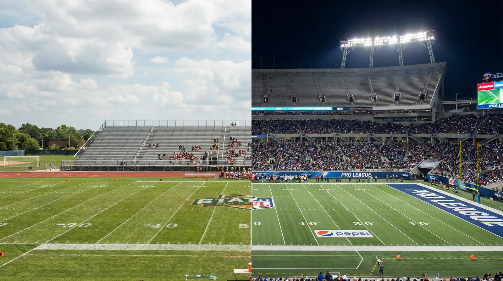 Campo de fútbol americano universitario con el logo de la universidad en el césped junto a un estadio profesional