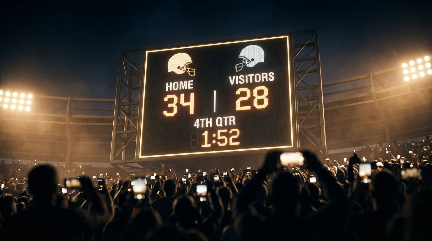 Marcador electrónico de un estadio de fútbol americano mostrando la puntuación de un partido NFL