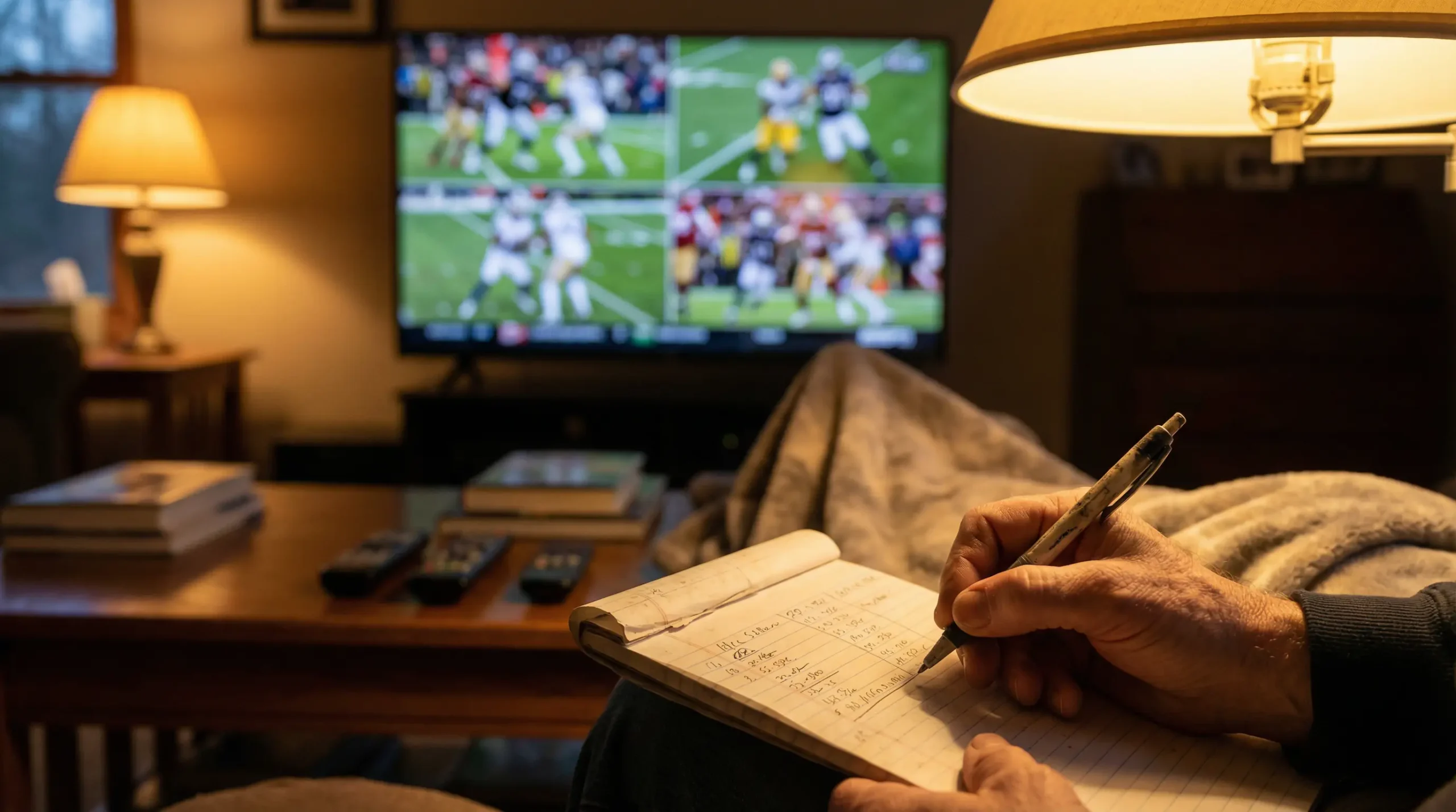 Persona revisando varios partidos de fútbol americano en una pantalla con bolígrafo en mano