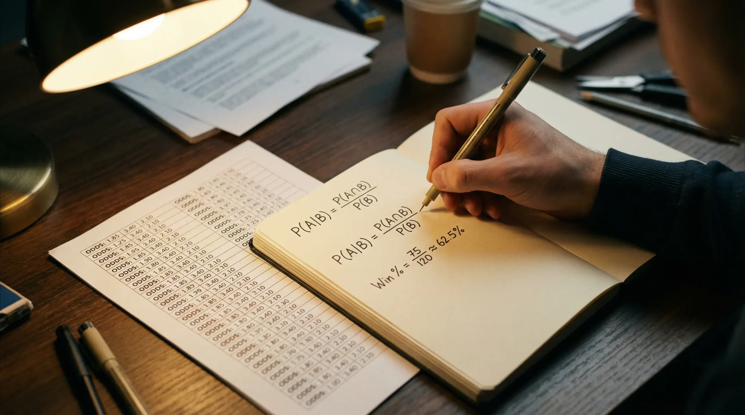 Persona escribiendo fórmulas de probabilidad en una libreta junto a cuotas de apuestas NFL