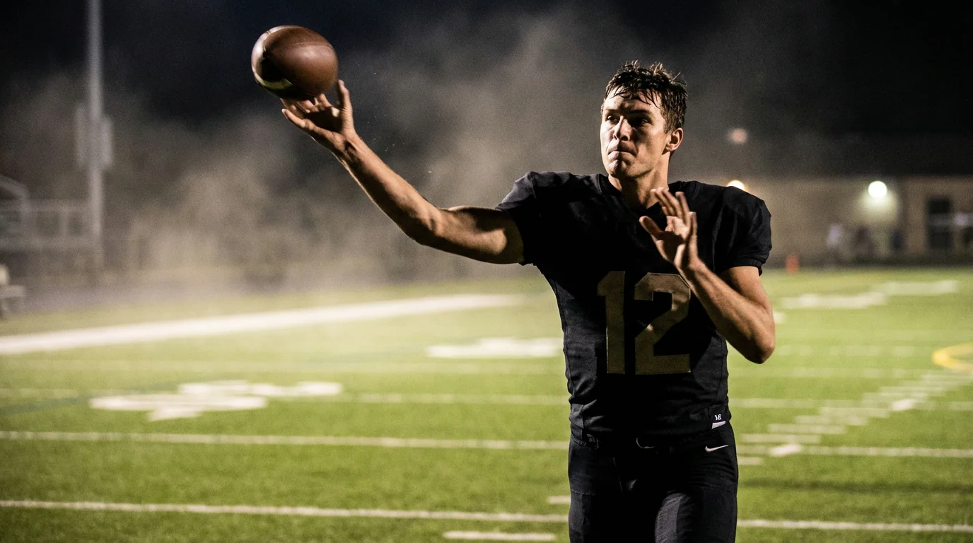 Quarterback de fútbol americano lanzando un pase largo durante un partido nocturno