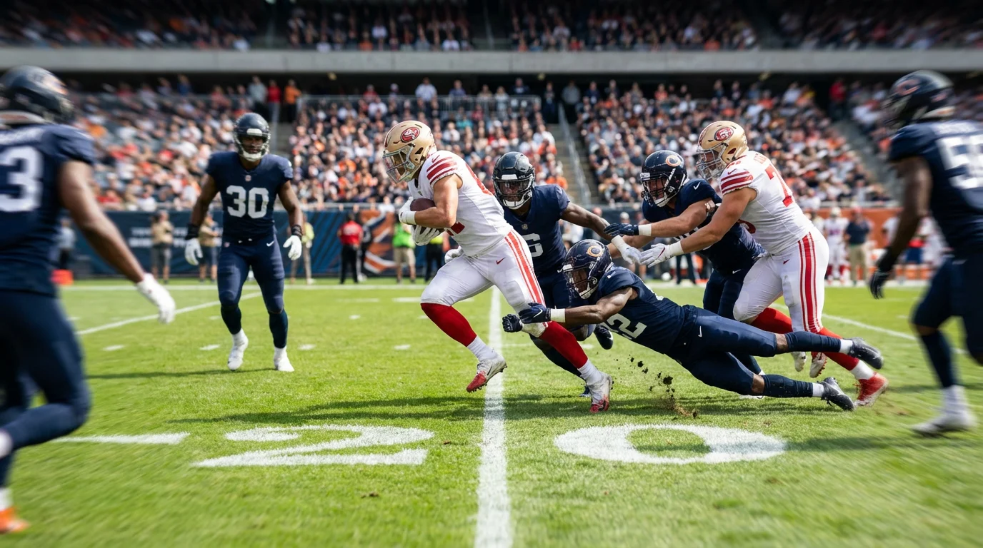 Jugadores de fútbol americano en acción durante un touchdown en un estadio NFL