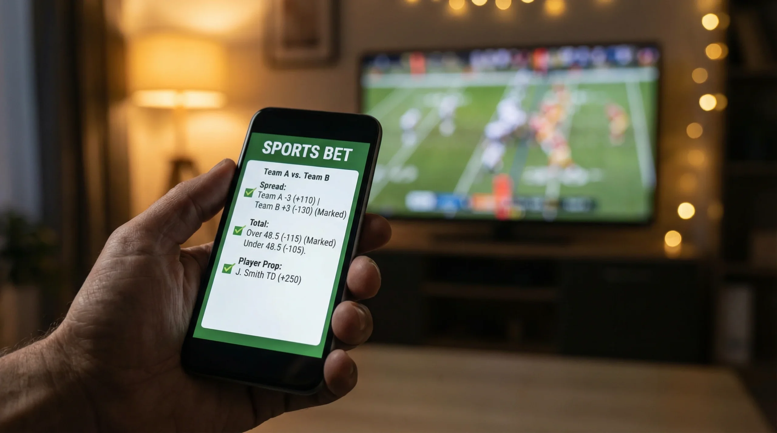 Pantalla de teléfono móvil con selecciones de apuestas de un partido de fútbol americano