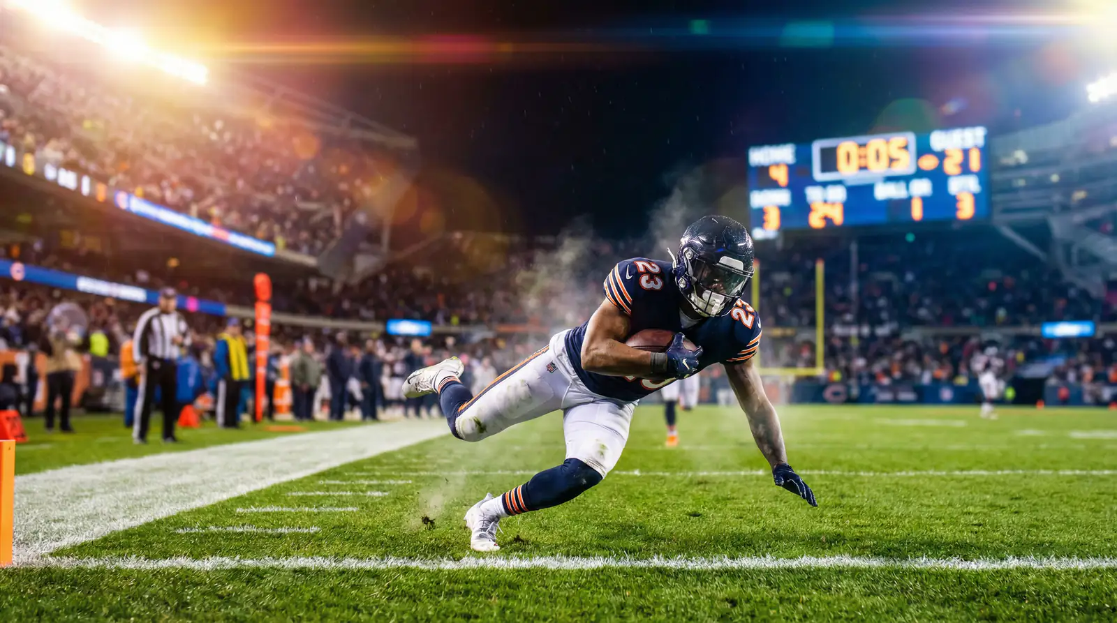 Jugador de fútbol americano NFL cruzando la línea de gol con el marcador visible al fondo
